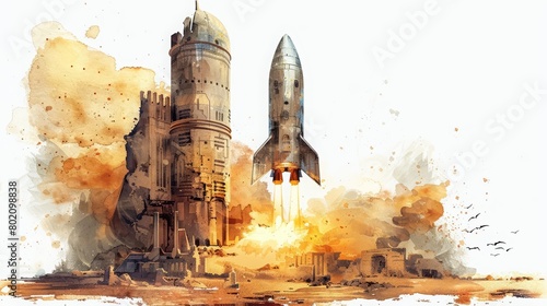 Fototapeta Naklejka Na Ścianę i Meble -  A cyber watercolor painting of a novel spacecraft launching from an ancient ruin, Clipart isolated on white background strange style hitech ultrafashionable
