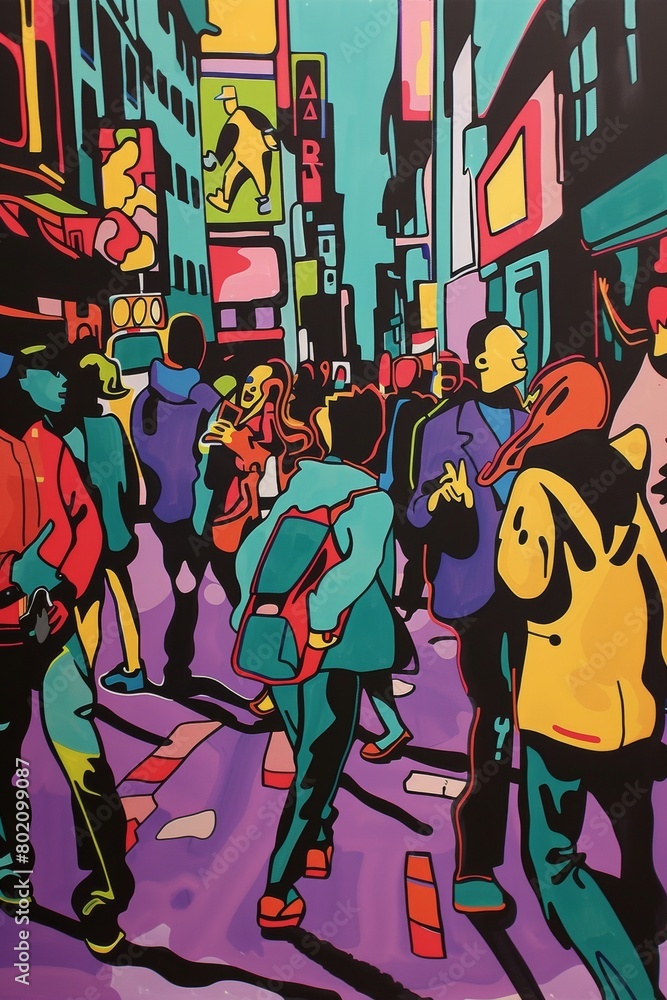 Fototapeta premium Pop art street scene inspired by a comic book panel, exaggerated figures, bold colors, and action lines
