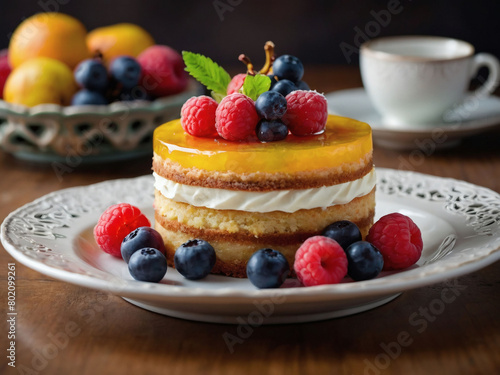 Fruitful Delicacy, Sumptuous Cake Garnished with Vibrant Fruits and Smooth Cream.