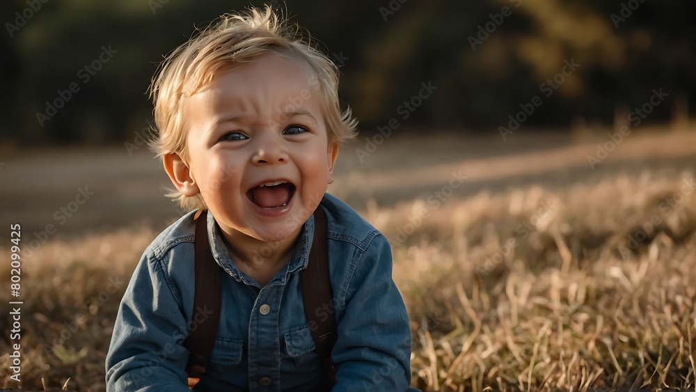 Portrait of a cute little boy surprise expression in the autumn field at sunset Portrait of a cute little boy surprise expression in the autumn field at sunset