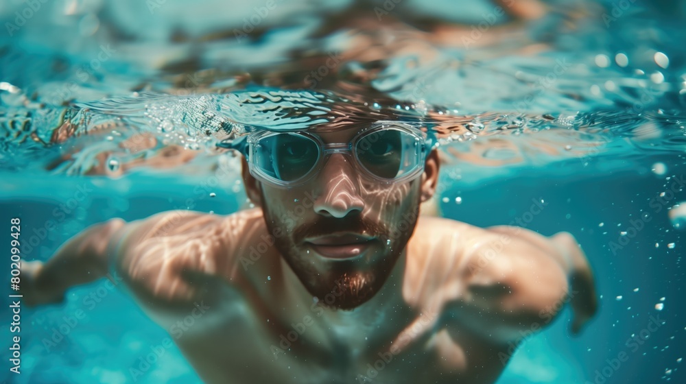 Naklejka premium Portrait photo of a caucasian man swimming underwater in a pool on sunny day