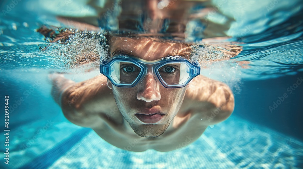 Portrait photo of a caucasian man swimming underwater in a pool on sunny day