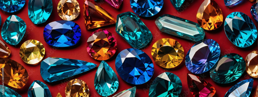 Gemstone Diversity, Various Colors and Shapes Showcased on a Uniform Background.