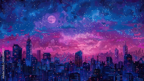 pink city skyline pixelated illustration poster background 