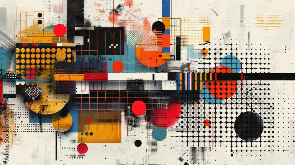 An illustration of a modern art piece featuring a grid structure filled with contrasting patterns and textures. An illustration of a modern art piece featuring a grid structure filled with contrasting patterns and textures.