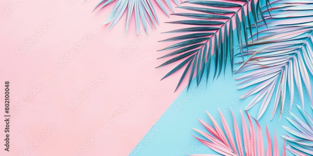 Tropical Summer Concept with Palm Leaves on Pastel Background Generative AI