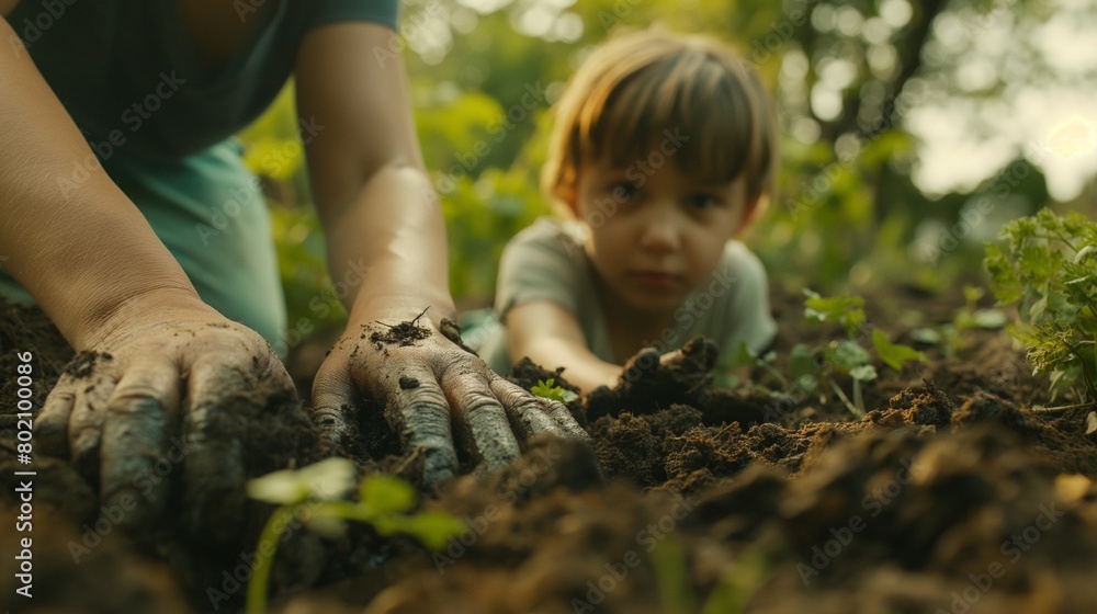 A family planting a garden together, dirt smeared on their hands as they work side by side. A family planting a garden together, dirt smeared on their hands as they work side by side.