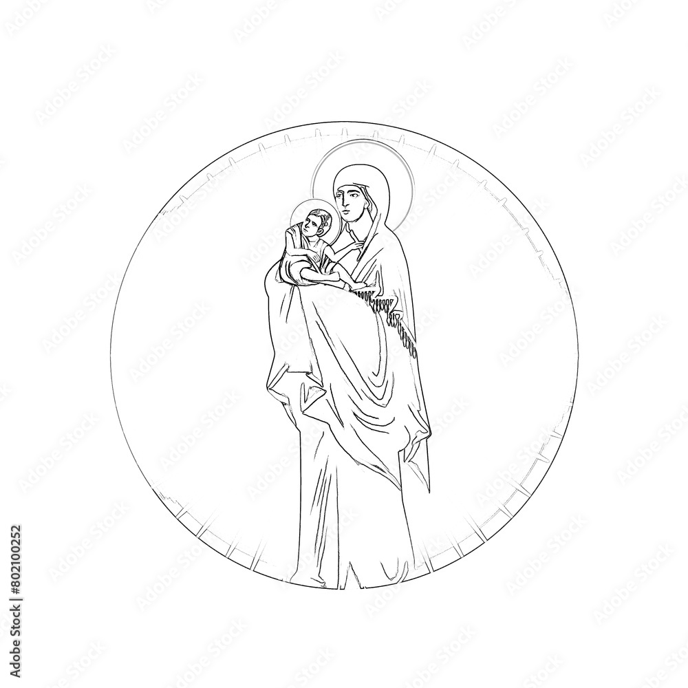 Madonna. Religious coloring page in Byzantine style on white background