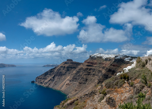 View of Fira and the Skaros castle ruins  Thira island  Santorini  Cyclades islands  South Aegean Sea  Greece