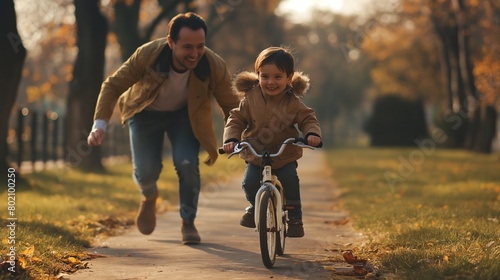 A father teaching his son how to ride a bike for the first time, running alongside him with a proud smile. photo