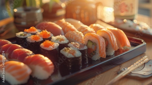 A picturesque view of a sushi platter featuring a variety of nigiri and maki rolls, each piece meticulously crafted to delight the senses on International Sushi Day. photo