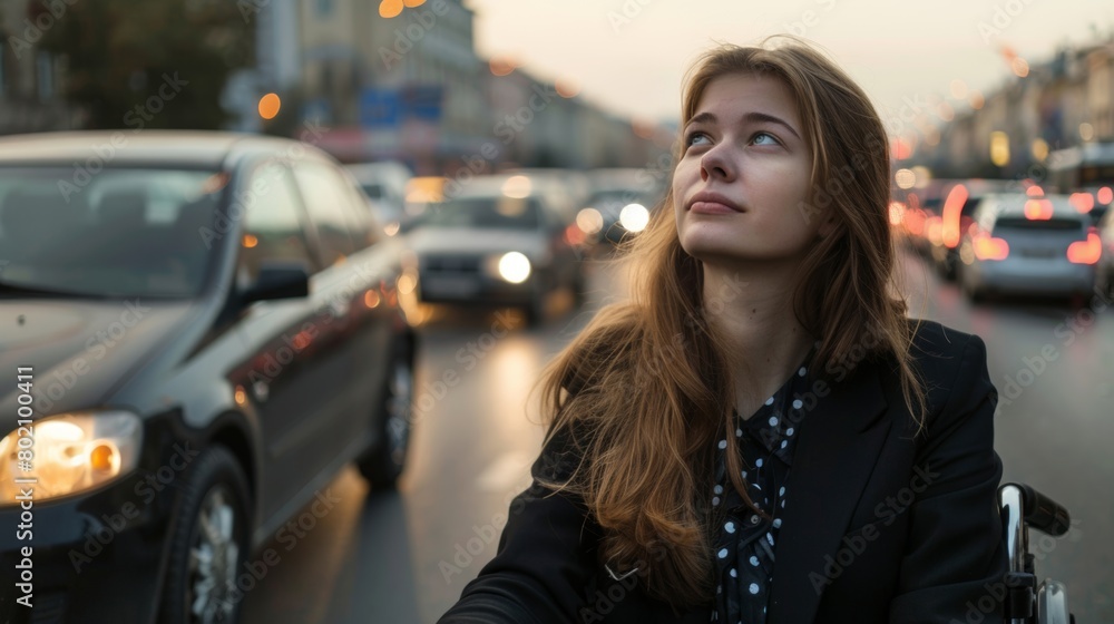 Thoughtful young woman gazes upward amidst the glow of city lights and evening traffic.