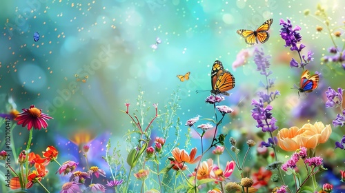 Rainbow Shower blooms and butterflies, vibrant turquoise background, wildlife and garden magazine cover, brilliant natural light, full page display © Pniuntg