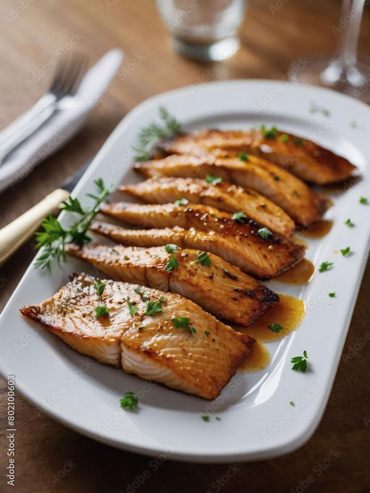 Golden brown fish fillets arranged elegantly on a white platter Golden brown fish fillets arranged elegantly on a white platter