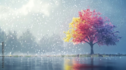 Rainbow Shower tree during rain, light gray background, seasonal weather magazine cover, crisp morning light effect, centered and detailed
