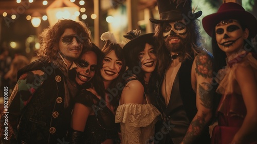 A group of friends dressed up for a theme party, posing for a photo.