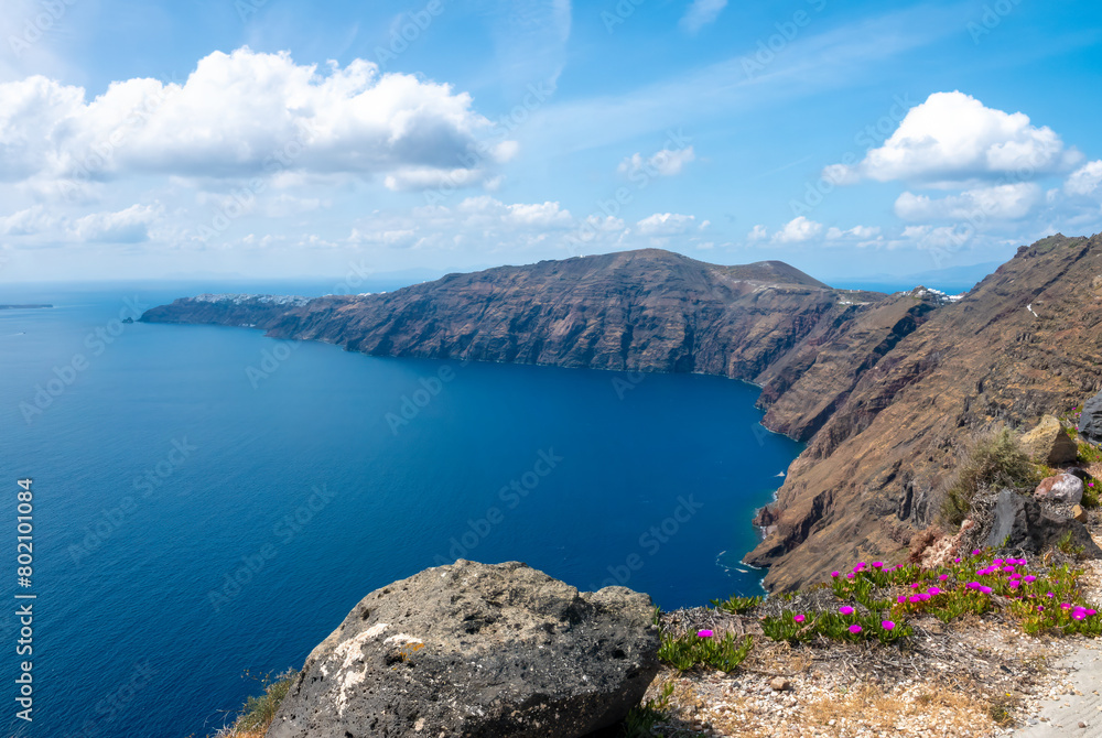 Panoramia of the hiking trail to Oia, Thira island, Santorini, Cyclades islands, South Aegean Sea, Greece