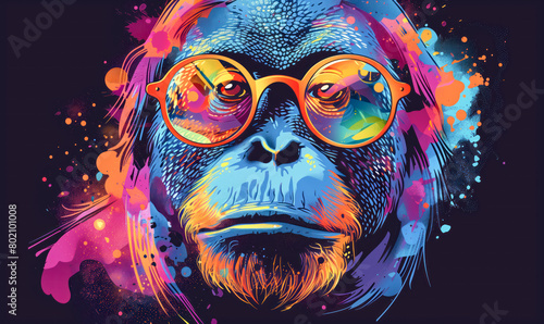 abstract illustration of an orangutan in glasses in childish style, logo for t-shirt print