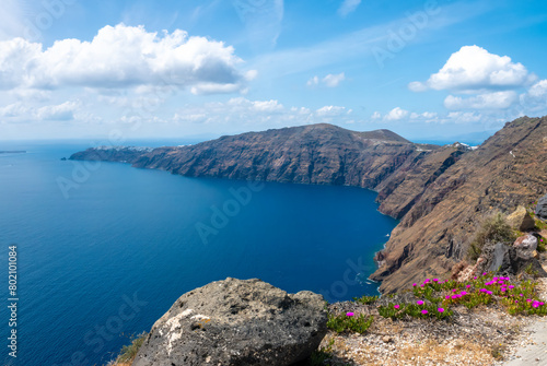 Panoramia of the hiking trail to Oia, Thira island, Santorini, Cyclades islands, South Aegean Sea, Greece