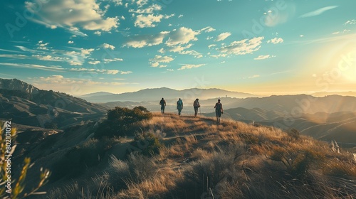 A group of friends enjoying a scenic hike through rugged terrain  with panoramic views of rolling hills and distant mountains.