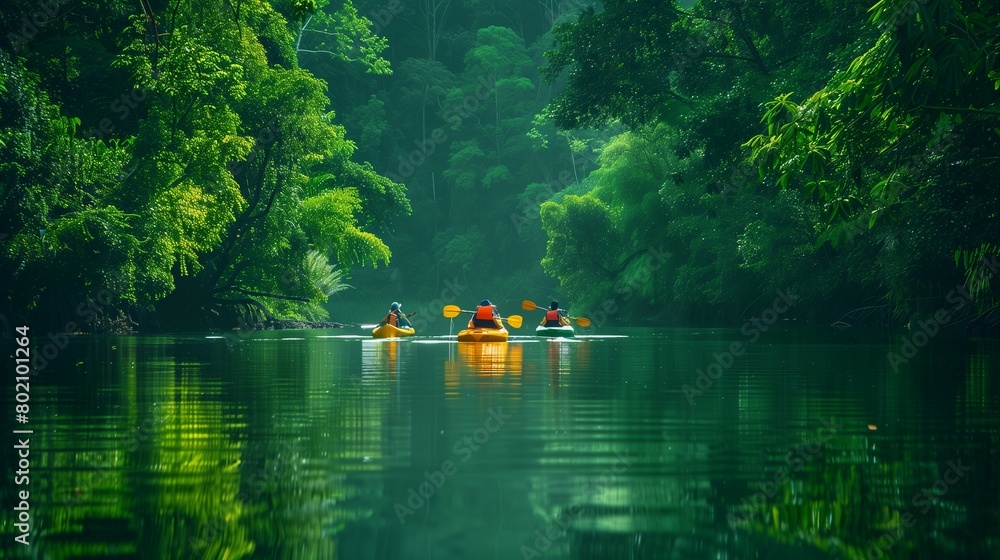A group of friends kayaking along a tranquil river, with lush greenery reflected in the calm waters.