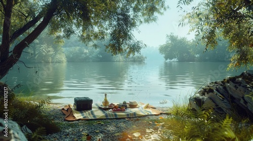 A picturesque view of a serene lakeside setting  with a picnic spread laid out on the shore  inviting the viewer to bask in the tranquility of International Picnic Day.