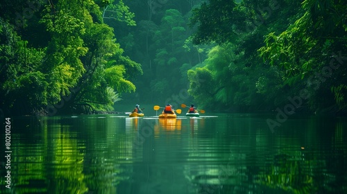 A group of friends kayaking along a tranquil river, with lush greenery reflected in the calm waters. © Eric