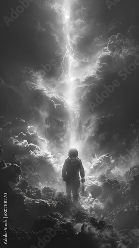 Captivating black and white image depicting an astronaut s solitary journey amongst formidable clouds illuminated by the stark contrast of ethereal lightning