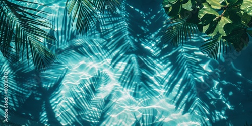 Tropical Leaves Reflected on Calm Blue Water Generative AI