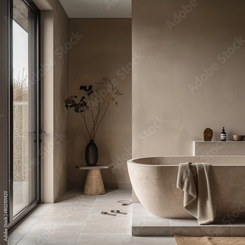 a view of a contemporary bathroom with a taupe-colored wall 