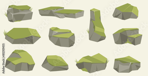 Rock stone set cartoon. Cartoon game art rocks and stones. Stones boulder, gravel rubble and pile of rocks cartoon isolated vector illustration EPS10