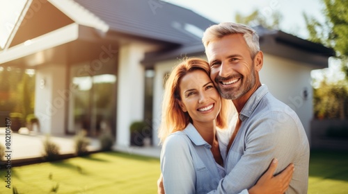 Portrait of a smiling, happy couple embracing in front of their modern home, enjoying a sunny day.