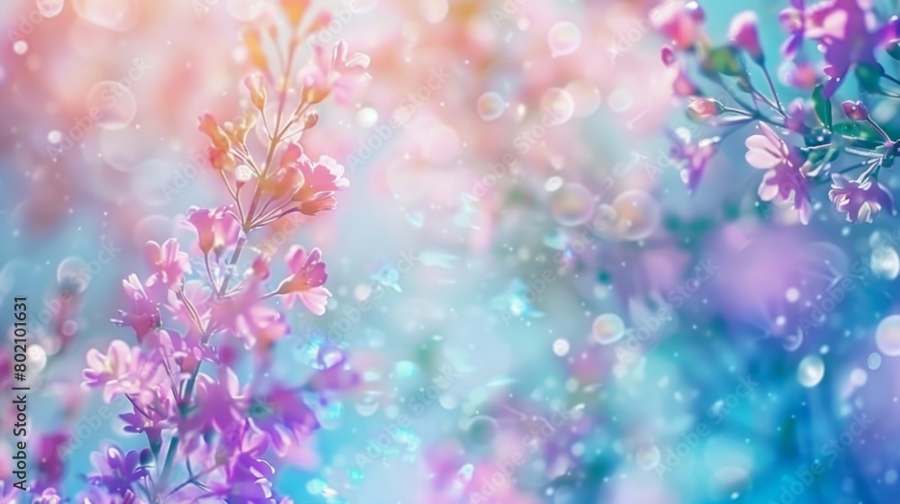 Soft focus on vibrant flowers against a dreamy, pastel-colored bokeh background.