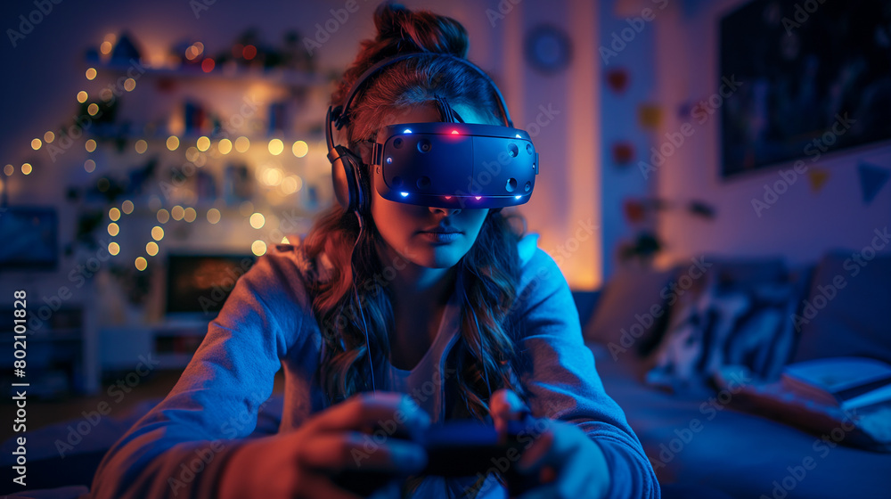 Young woman wearing a virtual reality mask plays a game via the Internet.	Life online in cyberspace.