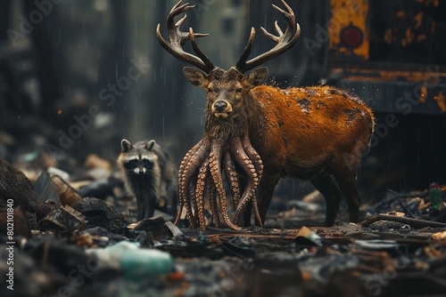 AI generated illustration of a surreal deer octopus in the rain