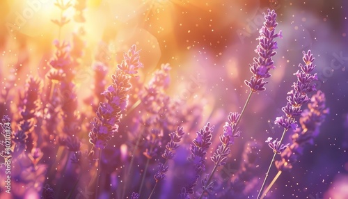 Imagine a banner background where golden hour light filters through a field of lavender, enhancing the mood, Sharpen banner background concept 3D with copy space
