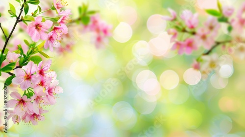 Vivid cherry blossoms in focus with a sparkling, blurred light background suggesting a fresh spring day. © red_orange_stock