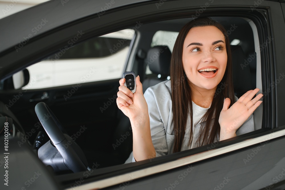 Beautiful young female client customer choosing new car