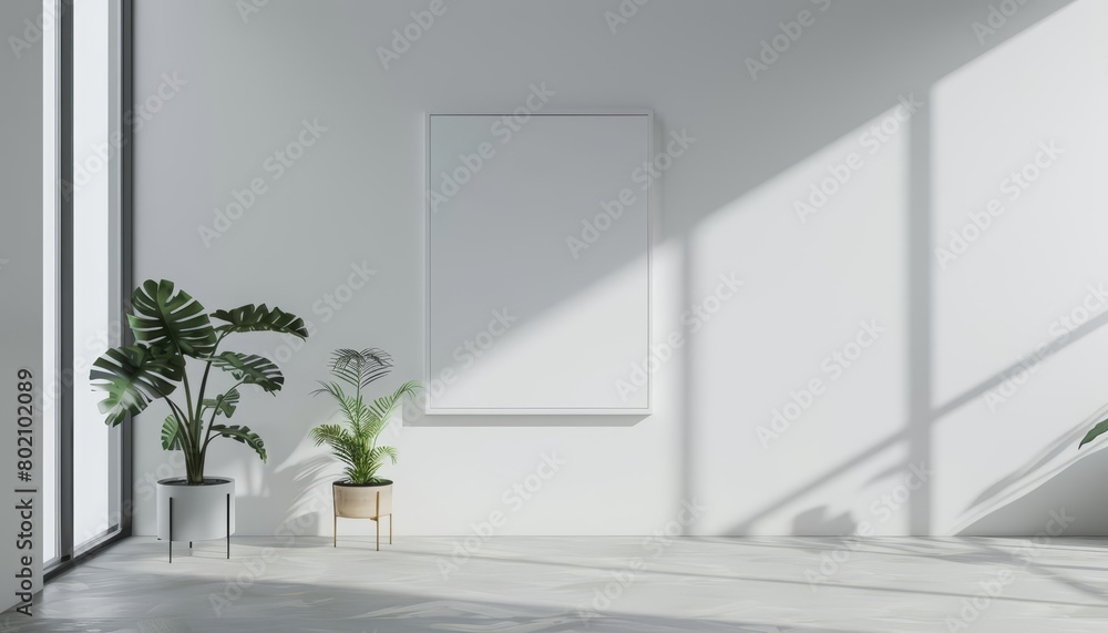 In a minimalist modern interior, a 3D mockup frame is set against a pristine white wall, creating a serene atmosphere, 3D render sharpen In a minimalist modern interior, a 3D mockup frame is set against a pristine white wall, creating a serene atmosphere, 3D render sharpen