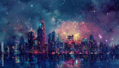 In a cyber watercolor painting  a modern metropolis twinkles under a starry sky  Clipart isolated on white background strange style hitech ultrafashionable