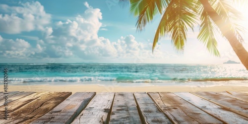 Summer Beach Scene with Palm Tree and Wooden Table Generative AI