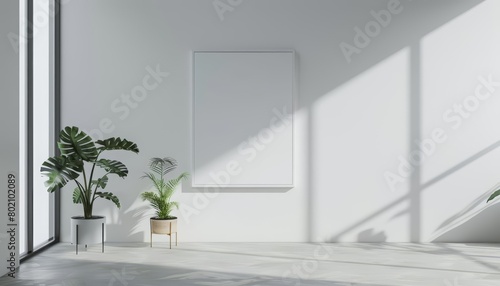 In a minimalist modern interior  a 3D mockup frame is set against a pristine white wall  creating a serene atmosphere  3D render sharpen