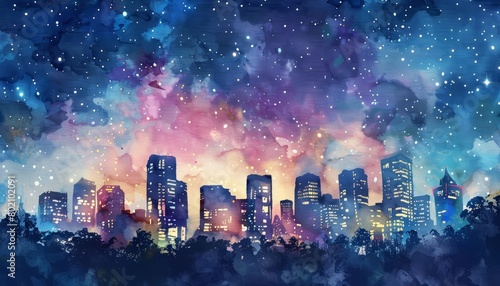 In a cyber watercolor painting, a modern metropolis twinkles under a starry sky, Clipart isolated on white background strange style hitech ultrafashionable © Sweettymojidesign