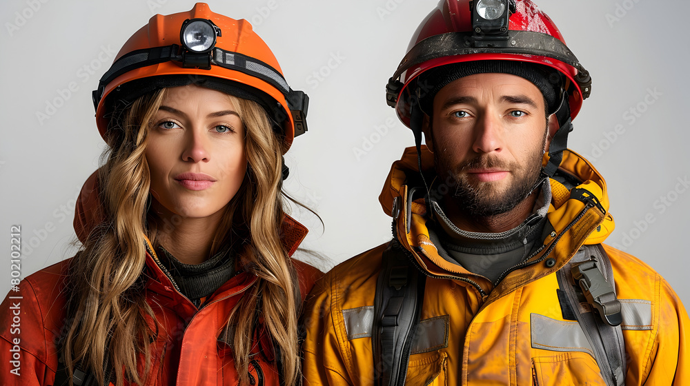Couple in Firefighter Helmet with Geological Forms, To convey a sense of adventure, teamwork, and safety in a unique and artistic way Couple in Firefighter Helmet with Geological Forms, To convey a sense of adventure, teamwork, and safety in a unique and artistic way
