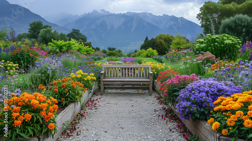 Enchanting Garden Path Leading to a Bench with a Majestic Mountain Backdrop