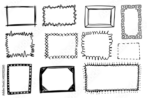 Hand drawn doodle frames set. Square vector picture border frames. Vintage doodle sketch picture frame. Doodle sketch style.