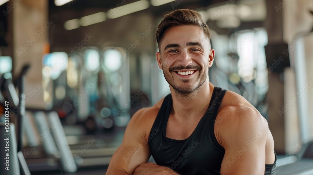 Smiling man in gym with arms crossed