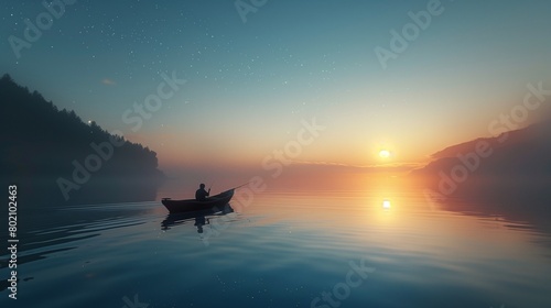 A lake fishing trip with a person in a boat at dawn. photo