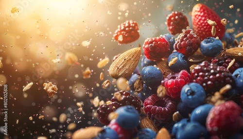 Nut seeds and berries scatter across a brochure cover, symbolizing nutritious snacking options, Cinematic Look Sharpen banner background concept 3D with copy space © Sweettymojidesign