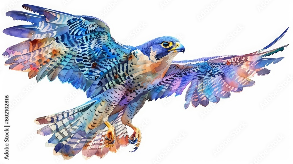 Peregrine falcons equipped with hightech gear soar in a cyber watercolor painting, Clipart isolated on white background strange style hitech ultrafashionable